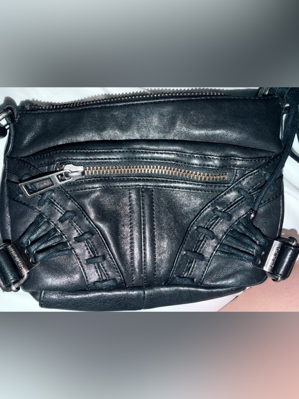 RARE L.A.M.B Gwen Stefani black Leather Crossbody Shoulder Bag Purse Y2K Tassels